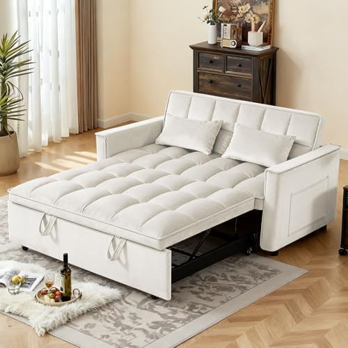 Convertible Sofa Bed, 3 in 1 Pull Out Couch with Side Pockets, Velvet Fabric Loveseat Sleeper Sofa Bed, Pull Out Couch with Adjustable Backrest for Living Room, Bedroom, Apartment, White
