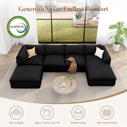 Vesgantti U Shaped Corduroy Boneless Sectional Couch, 6 Seater Sofa, Black