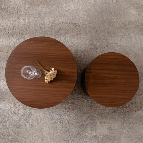 Nesting Round Coffee Table Set of 2, Accent End Table for Small Spaces, Morden Drum Side Table, Wooden Circle Center Table for Living Room, Fully Assembled - Dark Walnut