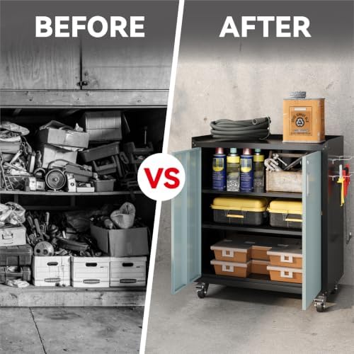 COFaR Gray & Black Metal Garage Cabinet with Wheels, Lockable 2-Door
