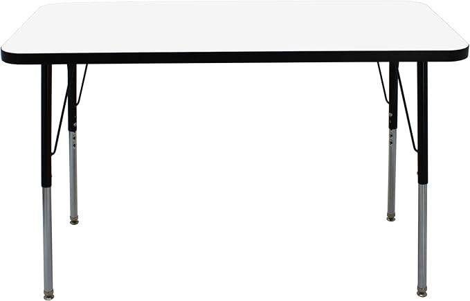 FDP Dry-Erase Rectangle Activity School and Office Table (24 x 48 inch), Standard Legs with Swivel Glides, Adjustable Height 19-30 inches; Quick Ship Single Box - Whiteboard Top and Black Edge
