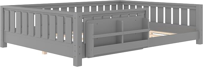 Bellemave Gray Natural Montessori Floor Bed with Fence and Slats, Queen Size Montessori Floor Bed with Bookcase and High Rails, Easy Assemble Bed Frame for Girls, Boys, Queen