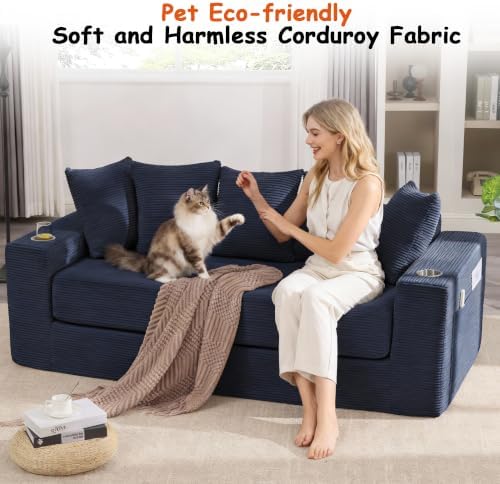 76" Convertible Sofa Bed, Corduroy Boneless Couch with Cup Holders & Pocket