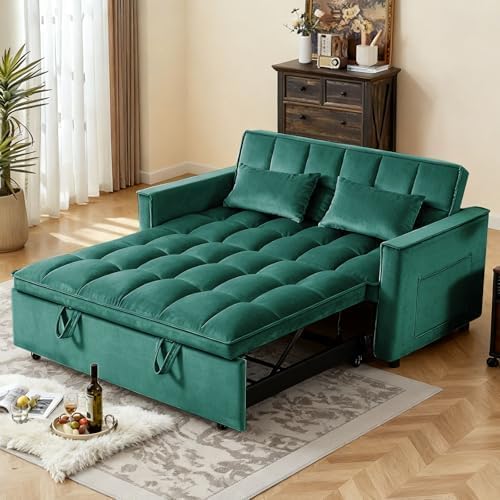 3 in 1 Convertible Sofa Bed, Velvet Fabric Loveseat Sleeper Sofa with Side Pockets, Pull Out Couch with Adjustable Backrest for Living Room, Small Spaces, Bedroom, Apartment, Green