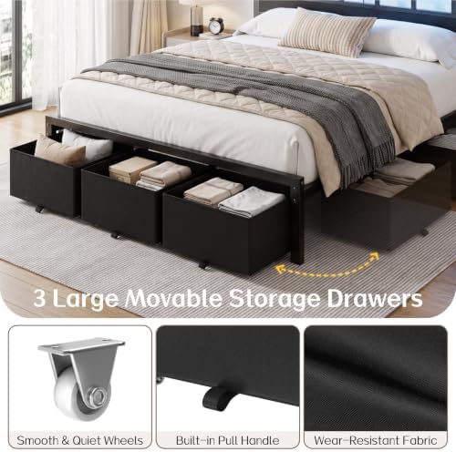 King Size Bed Frame with 3 Storage Drawers & Headboard