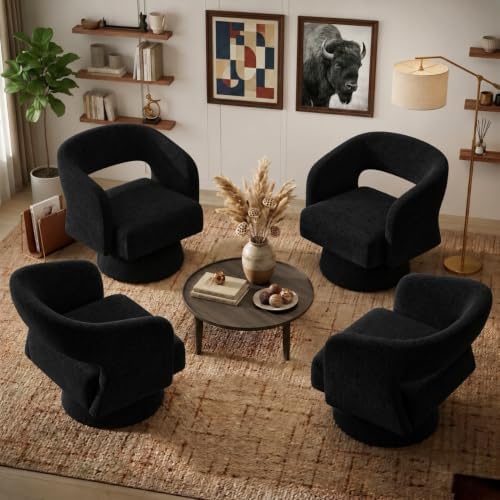 Swivel Accent Chair,Mid-Century Barrel Chair(Black-chenille, Set of 1)