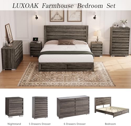 LUXOAK 2 Pcs Bedroom Furniture Sets - Includes 1 X Farmhouse 6 Drawers Dresser, 1X Farmhouse Queen Size Bed Frame with 49" Tall Headboard, Wooden Platform Bed with Hidden Metal Bed Frame, Rustic Grey