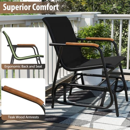 GIANTEX 3-Piece Outdoor Glider Set, 2-Pack Rocking Chairs with Small Tempered Glass Coffee Table, Metal Frame, Porch Rocker, Patio Bistro Set for Outside, Garden, Backyard, Balcony, Black