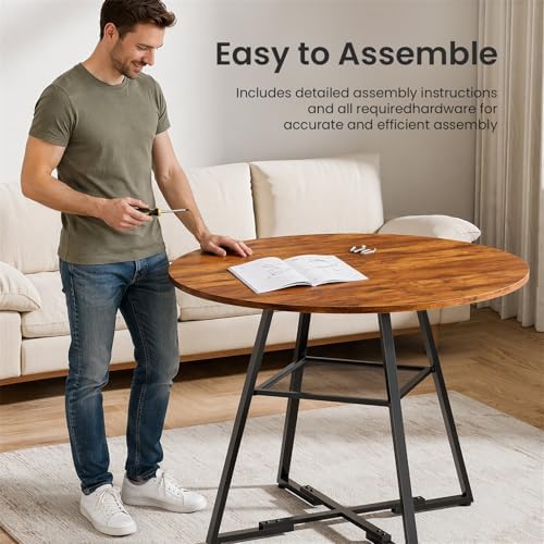DUMOS 47 Inch Round Dining Table, Kitchen Table with Dual-Tier Storage