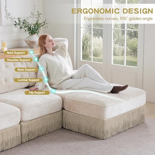 77" Velvet Chesterfield Style Modular Sectional Loveseat Sofa, Upholstered Oversized Button Tufted 2-Seater Couch with Floor-grazing Tassel Fringe Skirt, Easy Assembly, for Living Room, Beige
