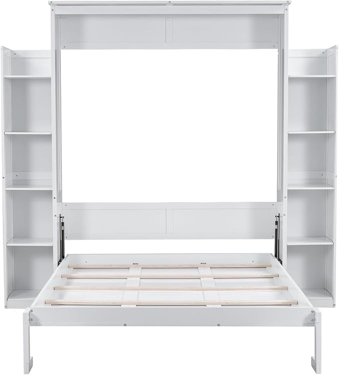 MERITLINE Queen Murphy Bed with Storage Shelves and LED Lights, Wood White Murphy Wall Bed Cabinet with Bookcase Bookshelf for Adults