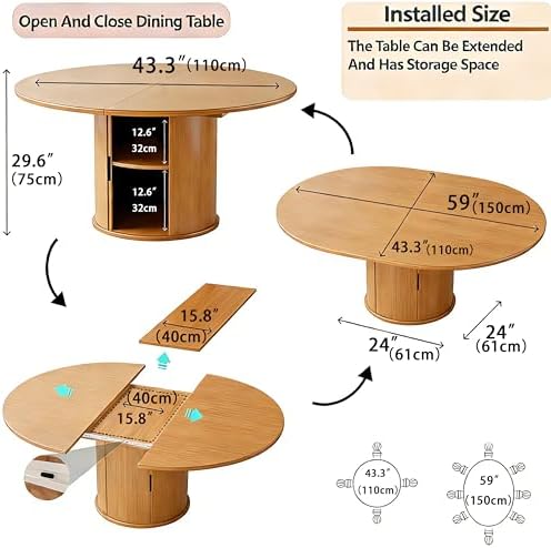 Extendable Round Dining Table for 2-4-6, 59 Inch Dining Room Kitchen Table with 2-Tier Storage Shelf, Modern Farmhouse Fluted Wood Slide Door Dinner Furniture,Oval Circle,Oak