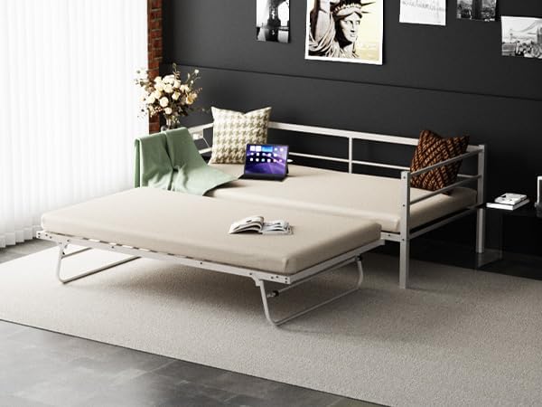 VINGLI White Full Daybed with Pop Up Trundle, Metal Sofa Day Bed Frame with LED Lights and Charging Station, Platform Bed with Trundle Bed Twin, Sturdy Steel Slats Support