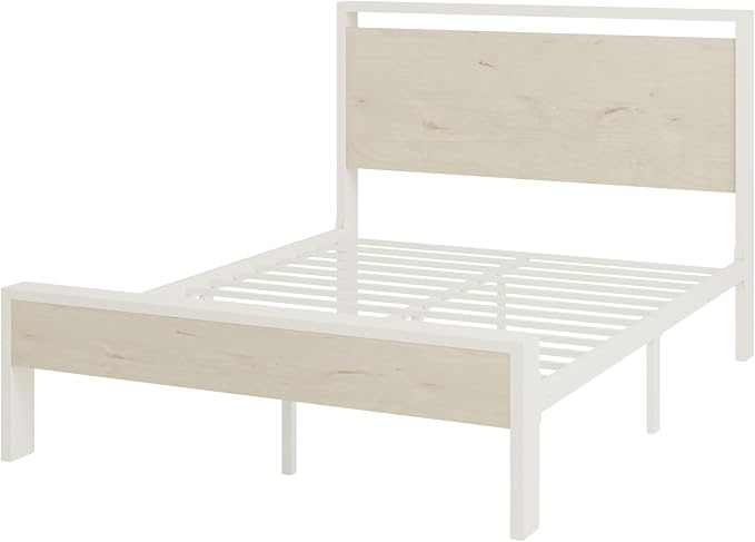 SHA CERLIN 14 Inch Full Metal Platform Bed Frame with Wooden Headboard and Footboard, No Box Spring Needed, Large Under Bed Storage, Heavy Duty Slats Support, White Washed Oak