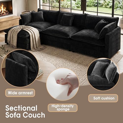 Modular Cloud Couch,111.5" Sectional Sofa 3 Seat,Black
