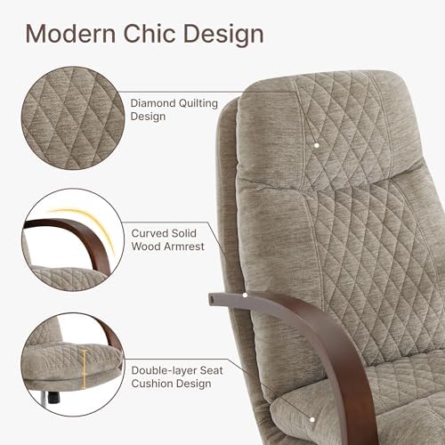 KISLOT Home Office Desk Chair, Ergonomic Office Chair with Lumbar Support, Adjustable Swivel Computer Chair with Wheels, Fabric Executive Task Chair with Wood Arms, Khaki