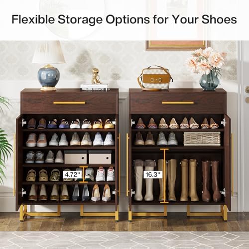 Tribesigns Shoe Cabinet with Doors, 20 Pairs Shoe Storage Cabinet with Drawer for Entryway, Modern Shoe Rack Organizer with Adjustable Shelves for Hallways Bedroom Living Room, Walnut & Gold
