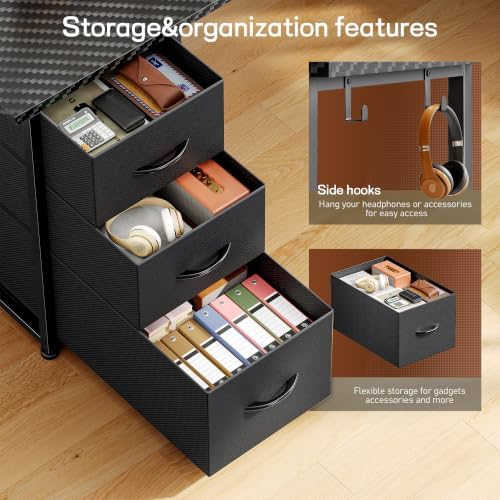 DurayLoly 62“ L Shaped Corner Desk with 3 Drawers,Power Strip&2 Side Hooks