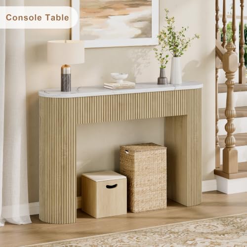 47" Console Table, Fluted Sofa Table with Sturdy Construction, Small Curved Entryway Table for Entrance, Behind The Couch, Hallway, Living Room, Foyer(Faux Marble White+Natural)