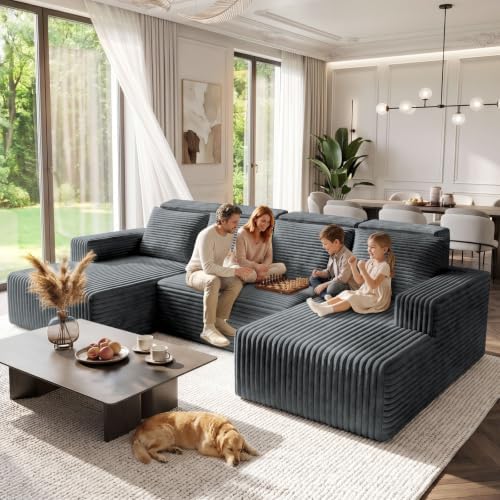 113 Inch Corduroy Boneless Cloud Sectional Sofa, Tatami Style Modular, Vertical Striped Frameless Deep Seat, Plush Cushions with Side Storage, Compressed No Assembly for Living Room & Apartment