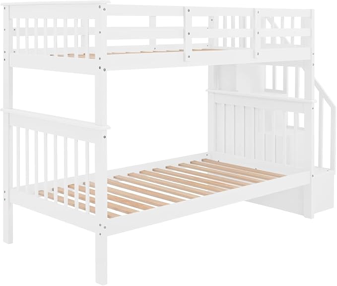 MERITLINE Twin Over Twin Bunk Bed with Storage Staircase, Solid Wood Stairway Convertible Bunk Bed with Stairs (Twin Over Twin,White)