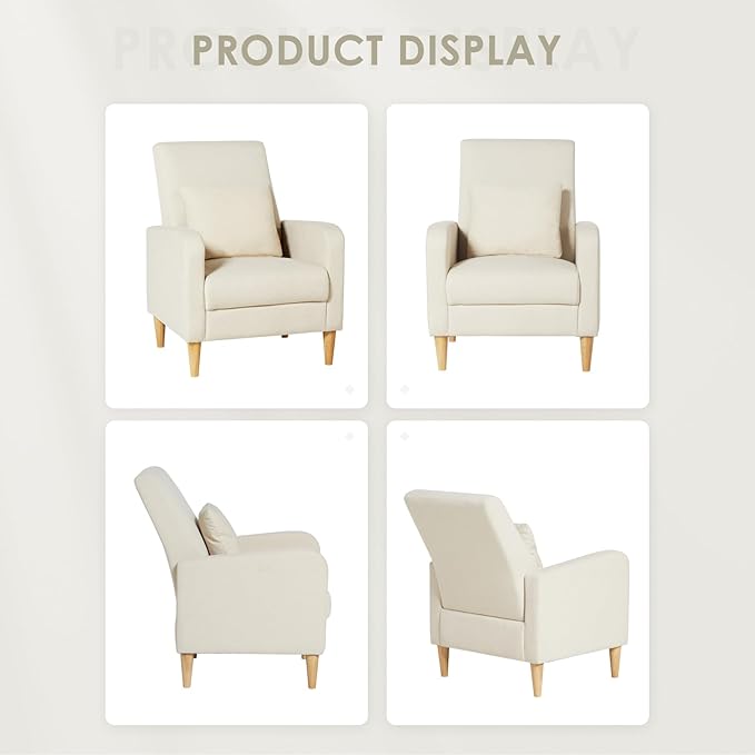 COLAMY Mid-Century Modern Upholstered Accent Chair with Back Pillow & Solid Wood Legs, Fabric Cozy Armchair for Living Room, Bedroom, Reading Nook, Apartment & Small Spaces, White