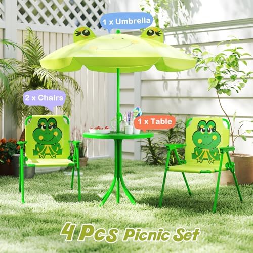 HONEY JOY Kids Picnic Table, Animal Themed Toddler Outdoor Table and Chair Set, 2 Folding Chairs & Removable Umbrella, Children Outdoor Furniture for Backyard Patio Garden (Light Green Frog)