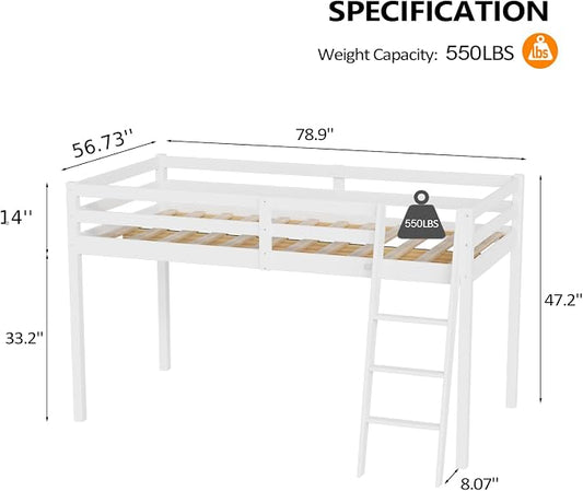 VINGLI Junior Low Loft Bed with Stairs, White Wood Loft Bed Full Size for Adults, Kids and Young Teens, No Box Spring Required,Wood Slat Support