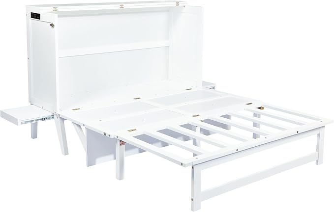 PVWIIK Queen Size Murphy Bed with Desk and Removable Shelves on Each Side,Solid Pine Cabinet Bedframe for Home Office, Guest Room,Multifunctional Bed,White