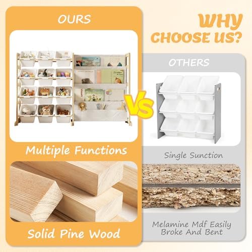Toy Storage Organizer with Bookshelf, Kids Toy Organizer and Storage Shelf with 12 White Bins, Solid Pine Wood Book Rack for Playroom, Nursery, Kids Room, Toys and Books