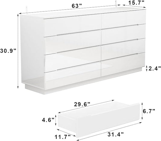 Modern High Gloss Dresser with LED Lights, 8 Drawer Dresser for Bedroom, Bottom Warm Lights, Handle-Free Design, 63" Contemporary Chest of Drawers White 63" W x 15.7" D x 30.9" H