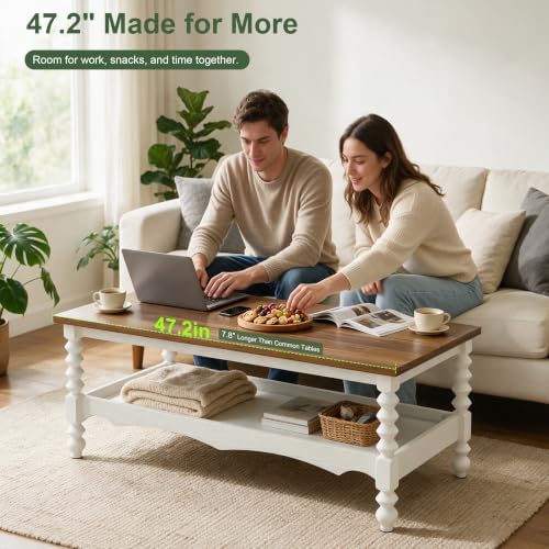 YOSHOOT Wood Coffee Table, Classical Coffee Tables, Center Table for Living Room, White 120