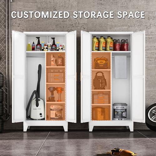 71" Metal Armoire Wardrobe Closet with Hanging Rod, White-X 5 Shelves