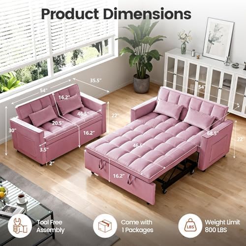 Convertible Sofa Bed, Pull Out Couch with Side Pockets, 3 in 1 Velvet Fabric Loveseat Sleeper Sofa Bed, Pull Out Couch with Adjustable Backrest for Living Room, Bedroom, Apartment, Pink