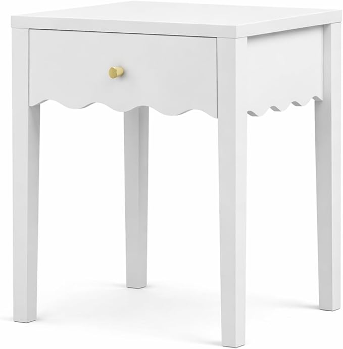 Nightstand with Drawer and Open Shelf, Scalloped Edge End Table for Sofa, Slim White Bedside Table for Girls Bedroom, Dorm, Coquette Preppy Room Decor