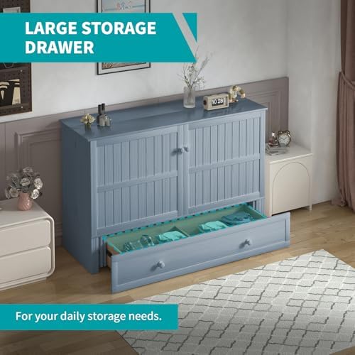 BALUS Queen Murphy Bed, Cabinet Murphy Bed with USB Charging Station-Blue