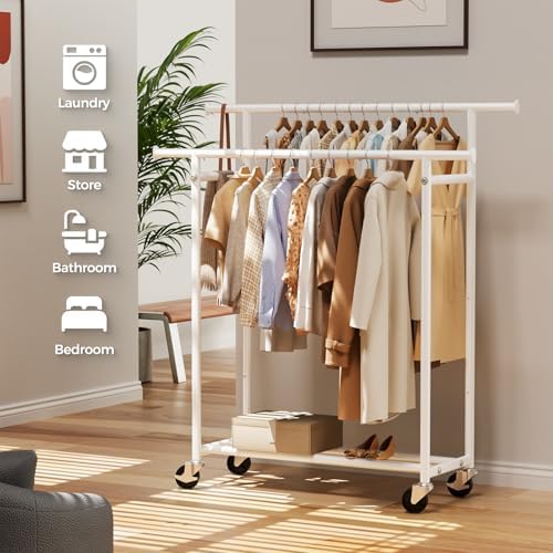 HYSEYY Clothes Rack, Double Rods Rolling Clothing Rack for Hanging Clothes, Portable Garment Rack with Wheels, Coat Rack Wardrobe Closet Load 240 LBS for Bedroom Laundry Room (White, L)