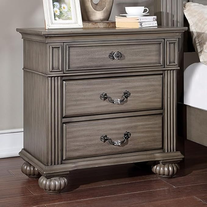 First of a Kind Queen Size Traditional Bedroom Furniture 5 pc Set in Gray - Solid Wood Finish with Floral Panel Design, Antique Brass Hardware - Bed, Dresser, Mirror & Dual Nightstands