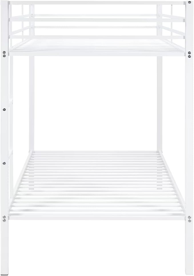 Bunk Bed Twin Over Twin, Metal Bunk Bed Frame, Metal Bunkbeds with Built-in Ladder, High Guardrail and Slats, No Box Spring Needed, Space Saving, Noise Free (White)