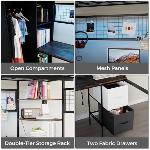 Full Size Loft Bed with Desk, Stairs & LED Light, Black