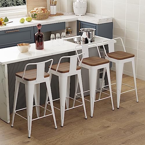 WENTMENT Metal Bar Stools Set of 4 Counter Height Bar Stools Barstools with Removable Back 24" Kitchen Bar Stools with Wooden Seat,Off White