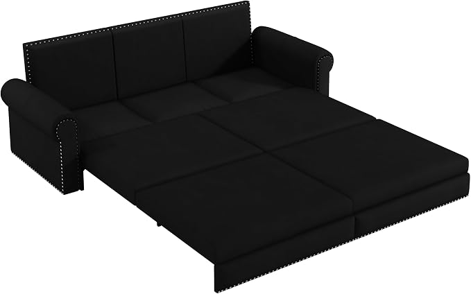 93.7" King Pull Out Sofa Bed, Velvet Sleeper Sofa Couch, 3 in 1 Convertible Futon Couches for Living Room, Small Space, Apartment, Office, Bedroom, Modern Rivet Armrest, Black