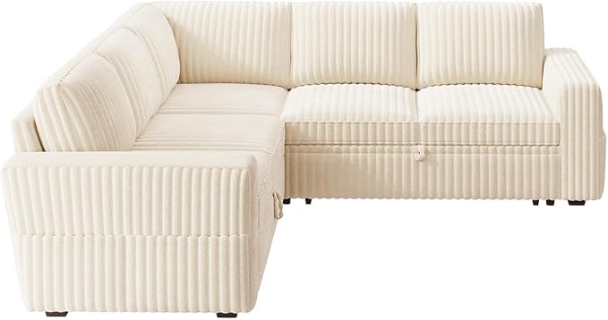 HONBAY Modular Sectional Sleeper Sofa with Pull Out Bed,Corduroy L Shaped Couch with Storage, Sectional Couches for Living Room,Beige