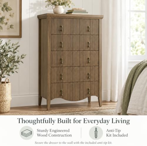 5-Drawer 47" Tall Fluted Dresser, Vertical Chest of Drawers,Light Oak