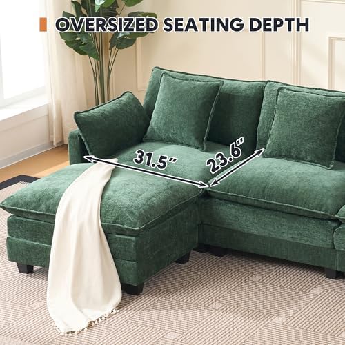 Modern 102" L Shaped Sectional Sofa Cloud Couch, Comfy Chenille Modern Modular Sleeper Sofa, Upholstery Sofa with Ottoman & Memory Foam for Living Room, Green