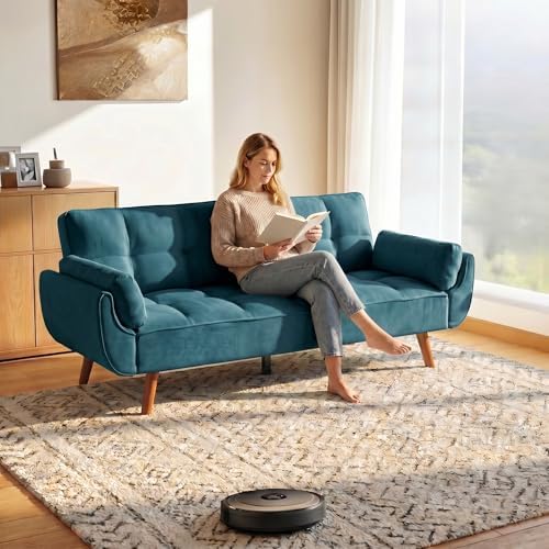 Convertible Futon Sofa Bed, Modern Style Loveseat Futon Couch with Adjustable Armrests and Backrest, Comfy Futon Couth for Living Room, Bedroom and Small Spaces, Green