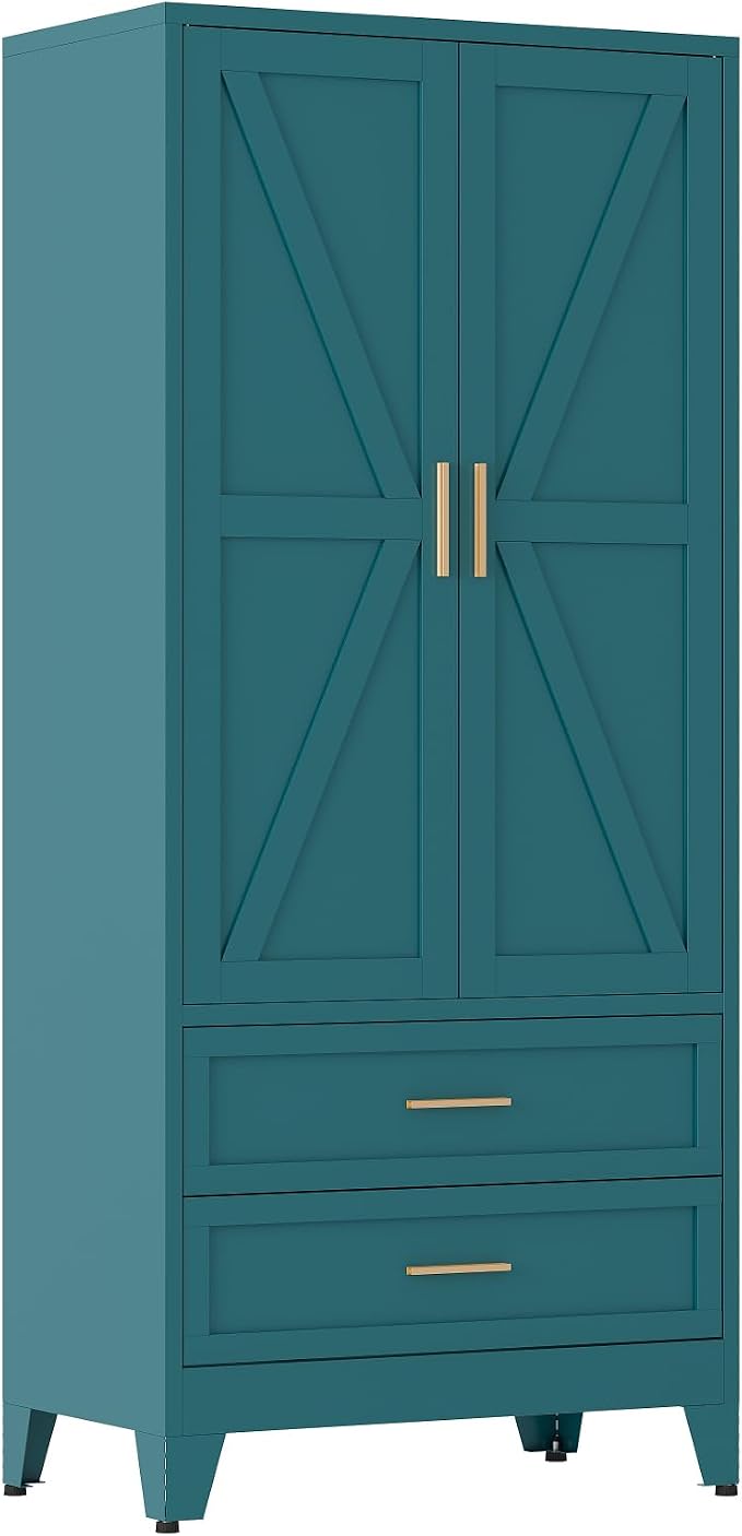 QINPTWUT 71" Tall Metal Wardrobe with Doors, Hanging Rod & Adjustable Shelf, Freestanding Steel Armoire for Bedroom Home Office, 2-Drawer Blue