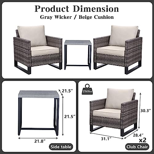 Belord Outdoor Bistro Set 3 Piece Outdoor Wicker Patio Chairs, Oversize Outdoor Rattan Seating Set, All-Weather Chairs Wicker Furniture with Metal Side Table and Water-Resistant Cushion for Outside