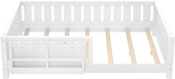 Bellemave White Montessori Floor Bed with Fence and Slats, Full Size Montessori Floor Bed with Bookcase and High Rails, Easy Assemble Bed Frame for Girls, Boys, Full