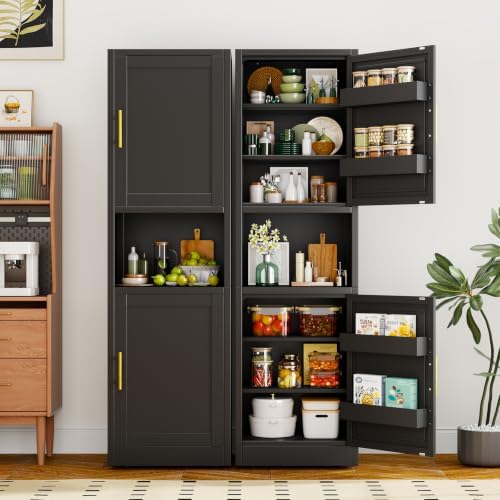 67" Tall Narrow Storage Cabinet, Metal Freestanding Pantry Cabinet with Adjustable Shelves, Multi Door Slim Organizer Fit for Microwave, Kitchen, Bathroom(Black)